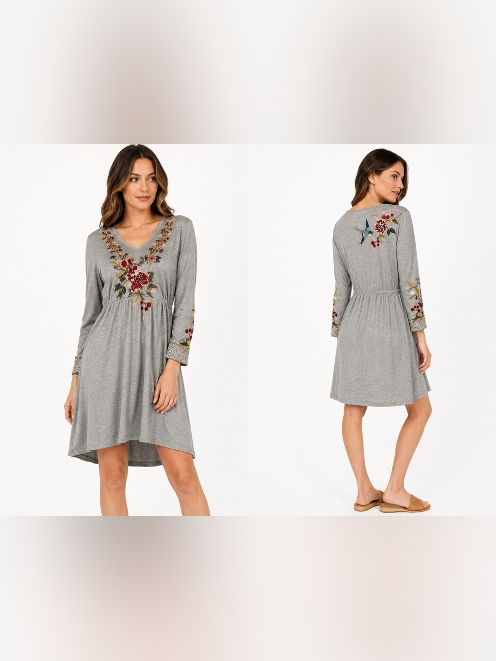 Johnny Was Anzia Long Sleeve Knit Harlowe Dress Heather Gray  XS